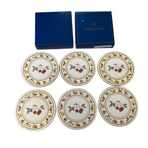 Royal Worcester Evesham Set 6 Fruit Cherry Cork Back Coasters Original Boxes